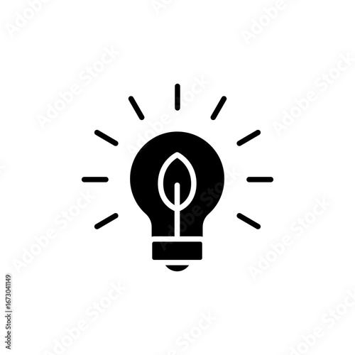 Sustainable ecological energy icon. Simple solid style. Bulb, lightbulb, light, leaf, green, idea, plant, lamp, eco, environment concept. Silhouette, glyph symbol. Vector isolated design