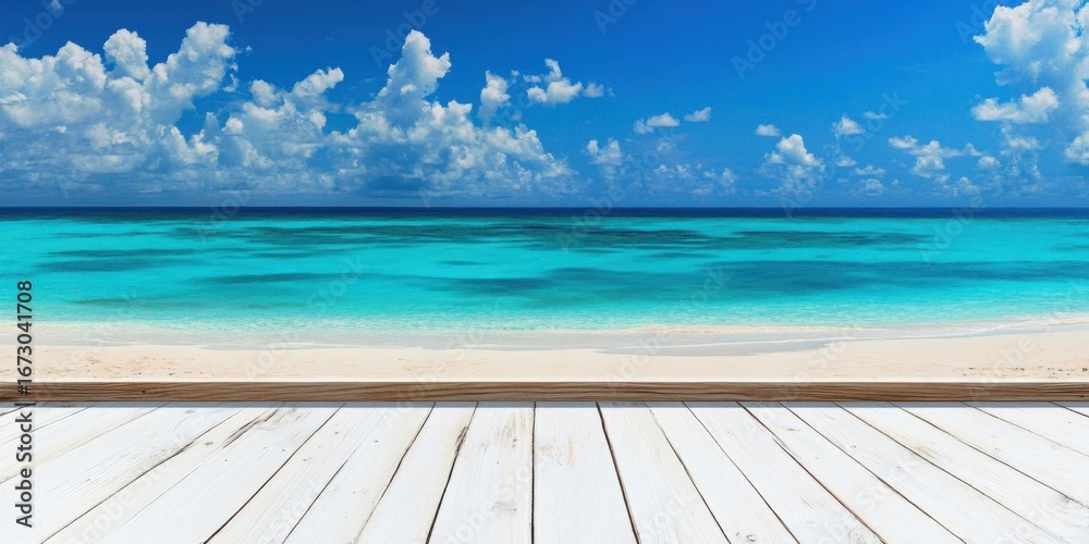 Fototapeta premium Enjoy Beach view from White Wood Deck on Vacation for Relaxing Time
