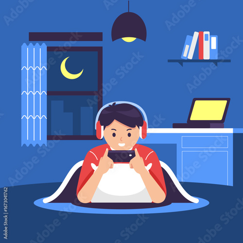young man lying down and playing games on the bed at night, bad habits of teenagers