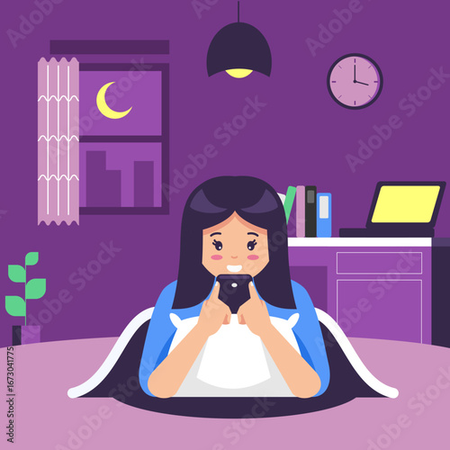 young woman lying down and playing smartphone on the bed at night, bad habits of teenagers