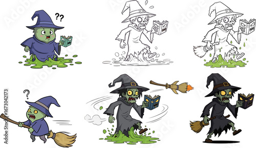 Cartoon zombie wizard reading magic book, witch hat, flying broomstick, green slime, spooky monster, fantasy undead character, Halloween horror illustration
