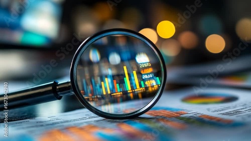 Magnifying glass focusing on financial charts and colorful graphs, investment analysis, stock market research, data growth, economic strategy, corporate finance and modern business investigation.
