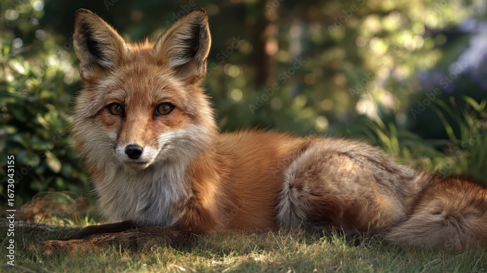 Fototapeta premium Ai generated image of a red fox is lying in the grass, looking at the camera with its beautiful eyes in a forest during a sunny day
