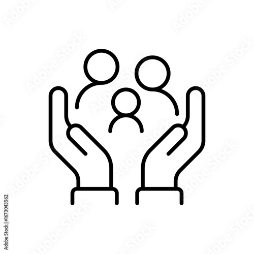 Family care icon. Simple outline style. Two hands holding or hugging group people, group life insurance, caring hands family medicine concept. Thin line symbol. Vector isolated design