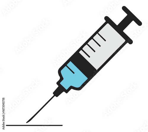 A simple illustration of a medical syringe, filled with blue liquid, ready for injection.