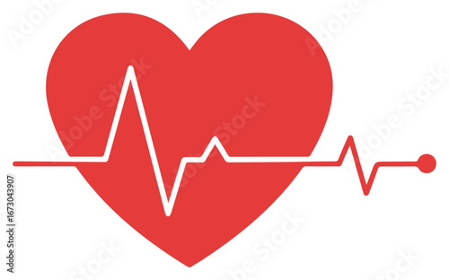 Red heart shape with a white electrocardiogram line showing heart rhythm, symbolizing health and vitality.