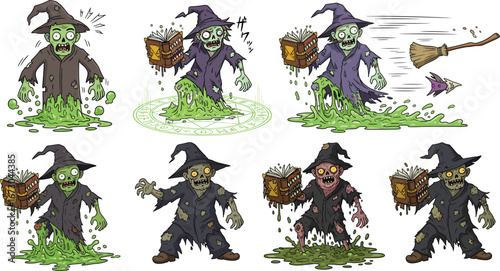 Cartoon zombie wizard with magic spell book, green slime, witch hat, sorcery, Halloween monster, undead character, horror fantasy illustration