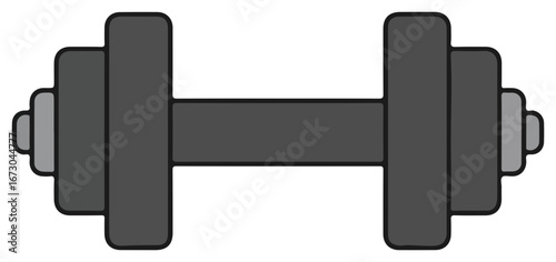 Illustration of a gray dumbbell with multiple weights on each side, isolated on white.