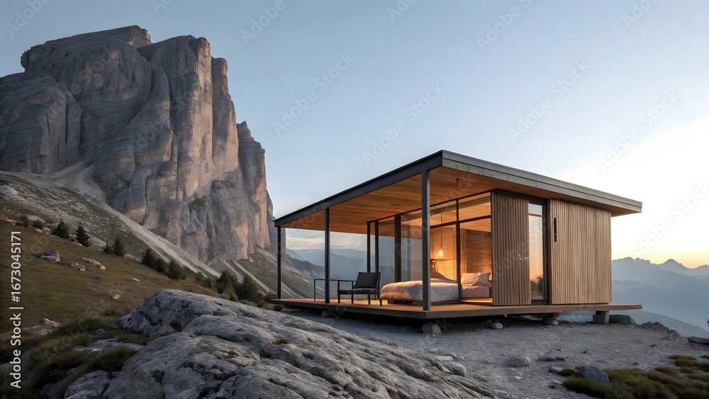 Obraz premium Modern mountain cabin with panoramic views and rocky landscape