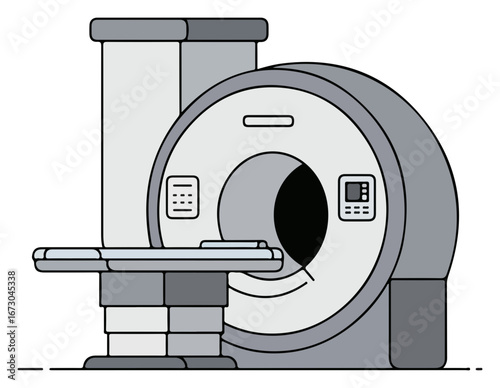 Illustration of an MRI machine with a table, depicted in shades of gray.