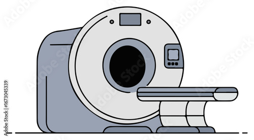 An illustration of an MRI machine with a bed, depicted in a simple, modern style.