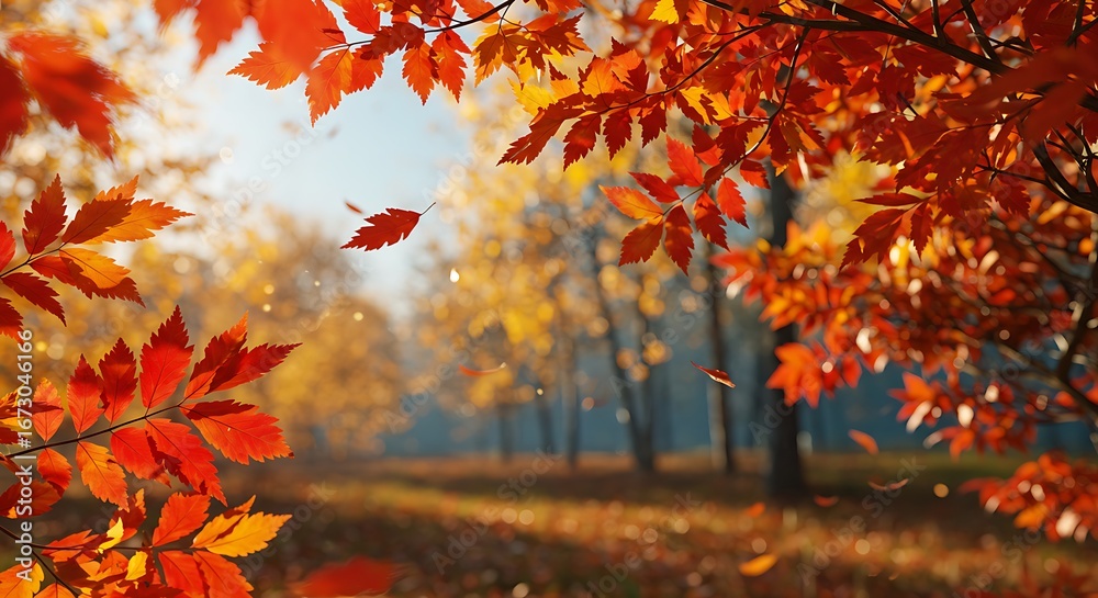 Fototapeta premium An autumnal forest scene with vibrant orange and yellow leaves, some falling, creating a serene and colorful landscape.