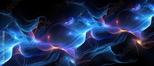 Ethereal blue waves with golden accents and sparkling lights on a dark backdrop