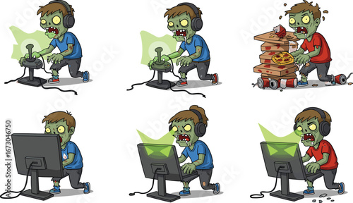 Cartoon zombie gamer playing video games on computer and console, eating pizza, funny undead character illustration, gaming addiction parody artwork