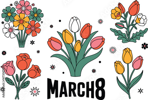 Colorful floral bouquets and march eight text on white background