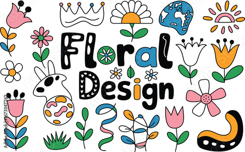 A colorful floral design with flowers and other doodle elements