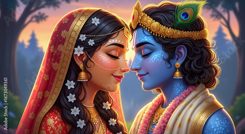 Divine love Radha Krishna embrace serene devotional spiritual connection