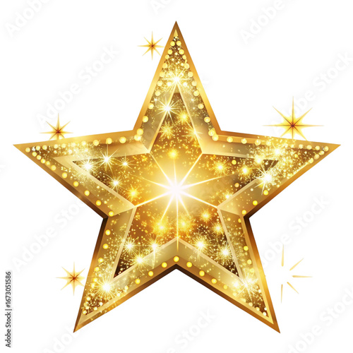 A large golden star with sparkles and smaller stars on black background