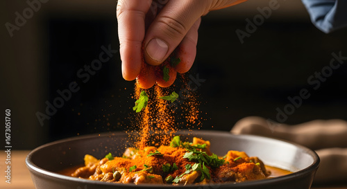 Fototapeta Naklejka Na Ścianę i Meble -  Culinary artistry unfolds as vibrant spices and fresh herbs dance onto a steaming bowl of flavorful curry, a symphony of taste and aroma, highlighting the chef's meticulous attention to detail and