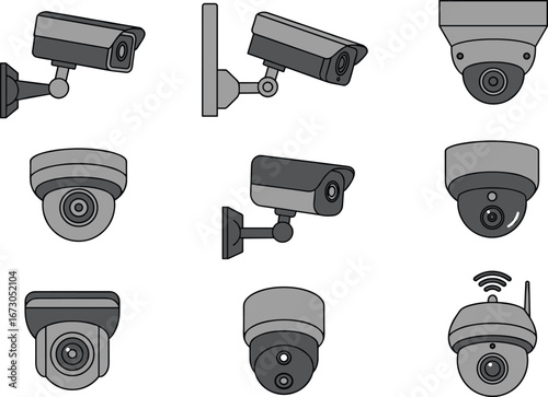 Security surveillance cameras collection, different types of CCTV cameras, dome and bullet cameras, wireless and wired, vector illustration set.