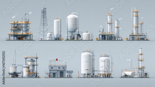 Fototapeta Naklejka Na Ścianę i Meble -  Industrial plants render, featuring tanks, towers, platforms, pipes, and minimal smoke on gray backdrop