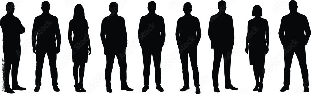 Silhouette business people standing, professional men and women group, corporate team concept, office staff posing, teamwork illustration, company employees isolated background Silhouette business people standing, professional men and women group, corporate team concept, office staff posing, teamwork illustration, company employees isolated background