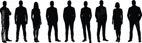 Silhouette business people standing, professional men and women group, corporate team concept, office staff posing, teamwork illustration, company employees isolated background