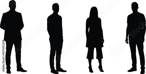 Silhouette people standing, man and woman group, professional team illustration, office staff posing, business employees isolated, teamwork concept, corporate career growth