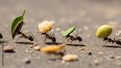 A line of leafcutter ants transporting food and leaves along a textured surface in a natural setting