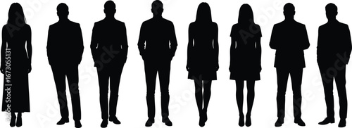 Silhouette group of business people, men and women standing together, office workforce team illustration, teamwork concept, professional corporate staff standing