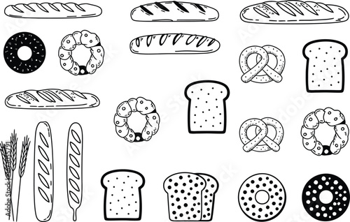 A variety of black and white bread and grain illustrations spread