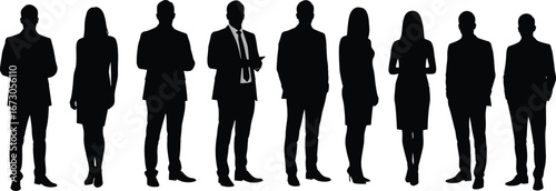 Business people silhouette, corporate men and women team, office professionals standing group, formal attire workforce, teamwork concept, leadership illustration set