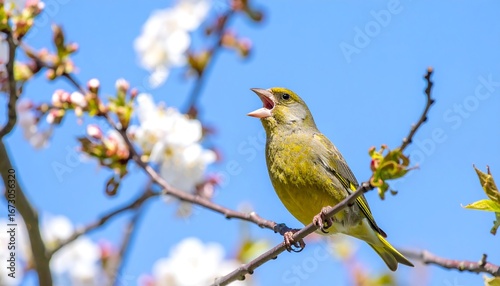 A small green bird sings in spring blossoms