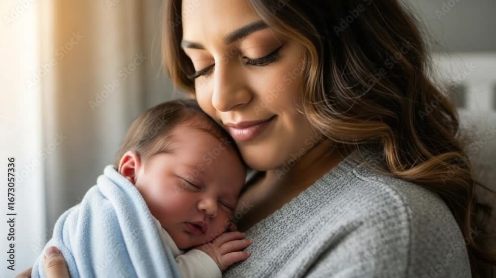 Tender moment mother embracing her newborn baby with love in a bright, soft light environment, showcasing the bond between parent and child.