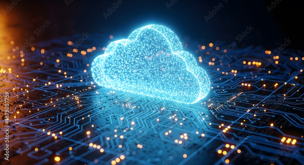 Fototapeta premium A glowing cloud symbol above a circuit board. Represents cloud computing, data storage, network technology, and digital information transfer.