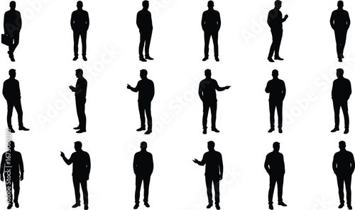 Businessman silhouette collection, professional male standing poses, office worker shadow, corporate people figure set, isolated man in suit posture design