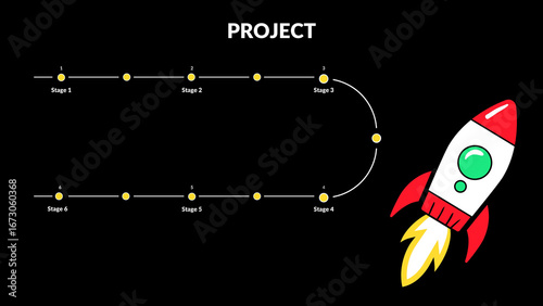 Project timeline with rocket launch on black background for presentation
