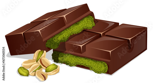 Nutty Dubai Chocolate Broken Bar with Pistachio, Tahini and Kadayif Filling Traditional Middle Eastern Dessert Illustration