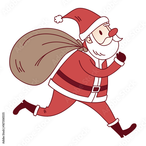 Cartoon illustration of Santa Claus running with a sack of gifts on a white background Father Christmas