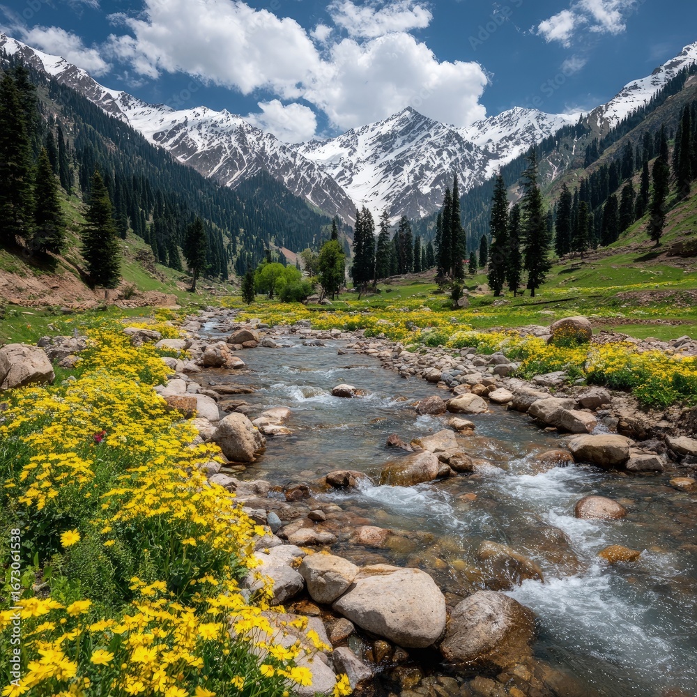 Fototapeta premium Mountain Valley River With Yellow Flowers