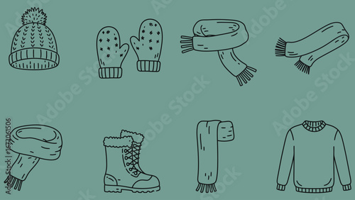 Set of line vector icons of winter clothing, wool hat, mittens, scarf, boots, sweater, outlined, clean minimal styl.