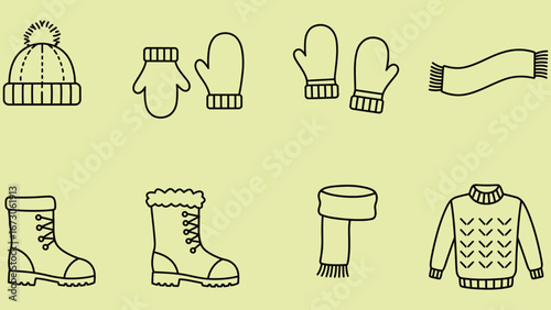 Set of line vector icons of winter clothing, wool hat, mittens, scarf, boots, sweater, outlined, clean minimal styl.