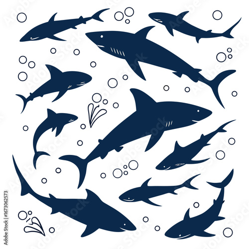 Group of Dark Blue Shark Silhouettes with Bubbles ocean marine