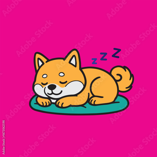 Vector design featuring a sweet Shiba Inu dog lying down asleep, illustrated in fun cartoon style, vibrant colorful theme with playful festive atmosphere.