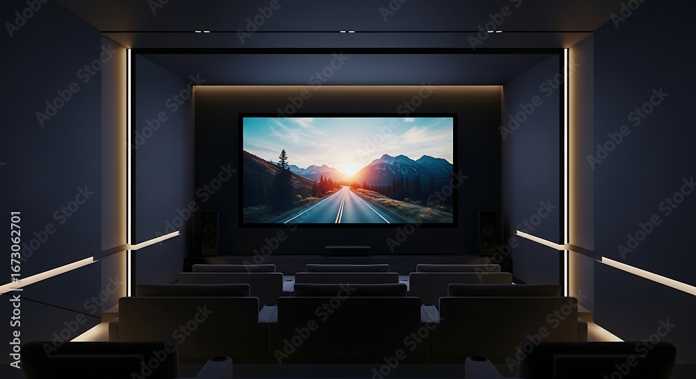 Fototapeta premium A luxurious, modern home theater with comfortable seating, sleek ambient lighting, and a large screen showcasing a stunning mountain sunset. Ideal for an immersive cinematic experience.