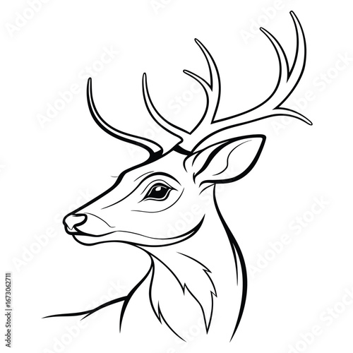 Stylized black and white illustration of a deer head with antlers in profile stag buck