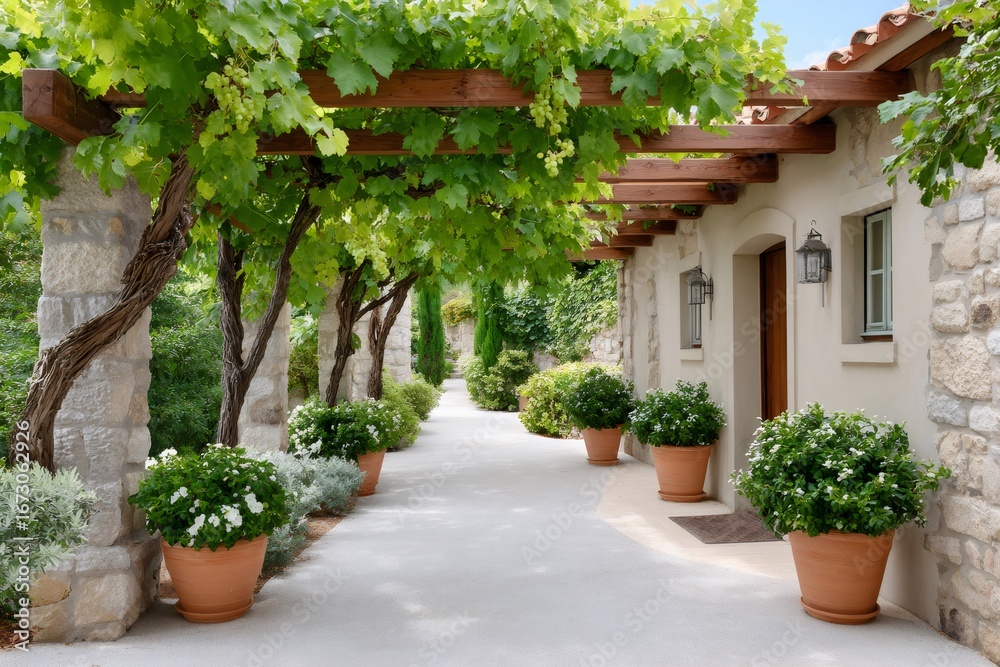 Fototapeta premium Grapevine covering the walkway of a house