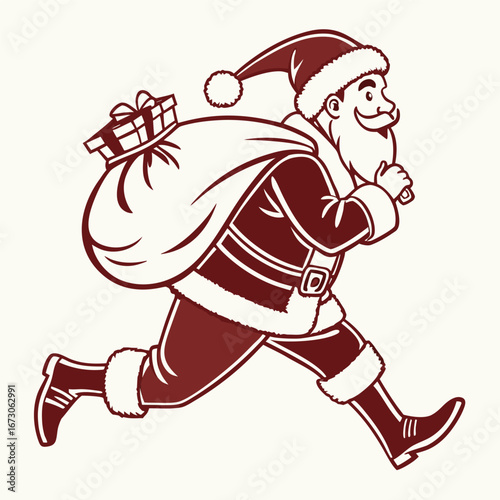 Vintage style illustration of Santa Claus running with a sack of gifts on a cream background Father Christmas