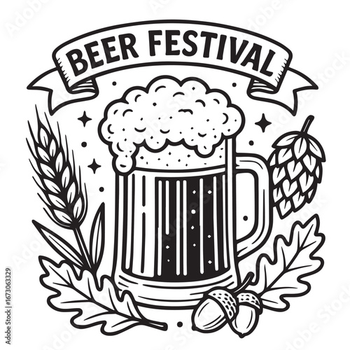 Vector design created for beer festival Oktoberfest, featuring festive elements, executed in minimal style, drawn completely black and white with outline.