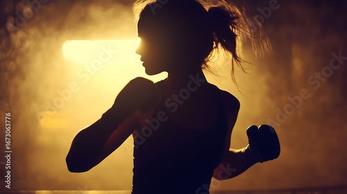 Silhouette of a Female Fighter, Training Hard in the Ring, with Dramatic Lighting and Smoke in the Background